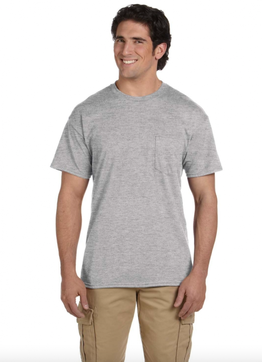 Man wearing a gray t-shirt with a pocket on a white background