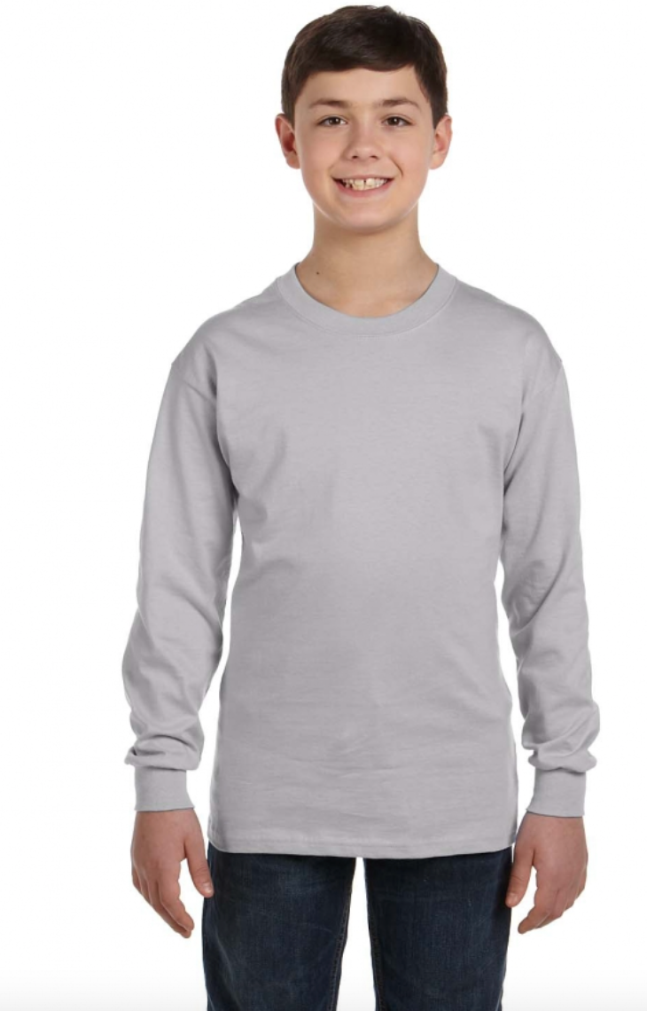 Child wearing a gray long-sleeve shirt on a white background