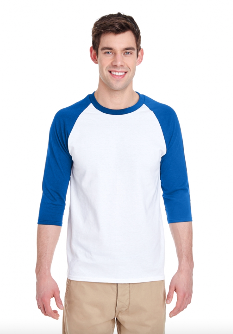 Man wearing a white baseball shirt with blue sleeves on a white background