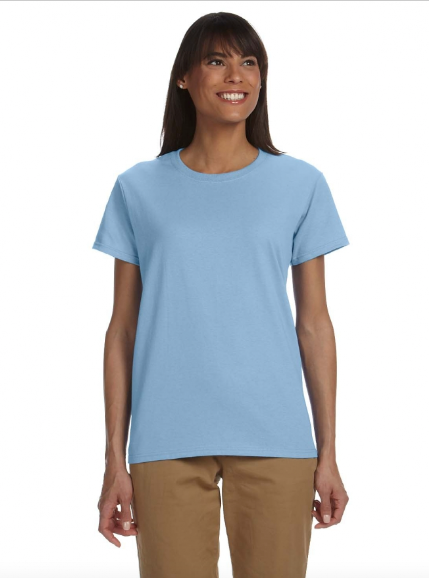 Woman wearing a light blue t-shirt on a white background