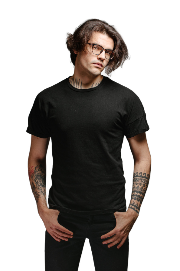 Man wearing a black t-shirt on a white background