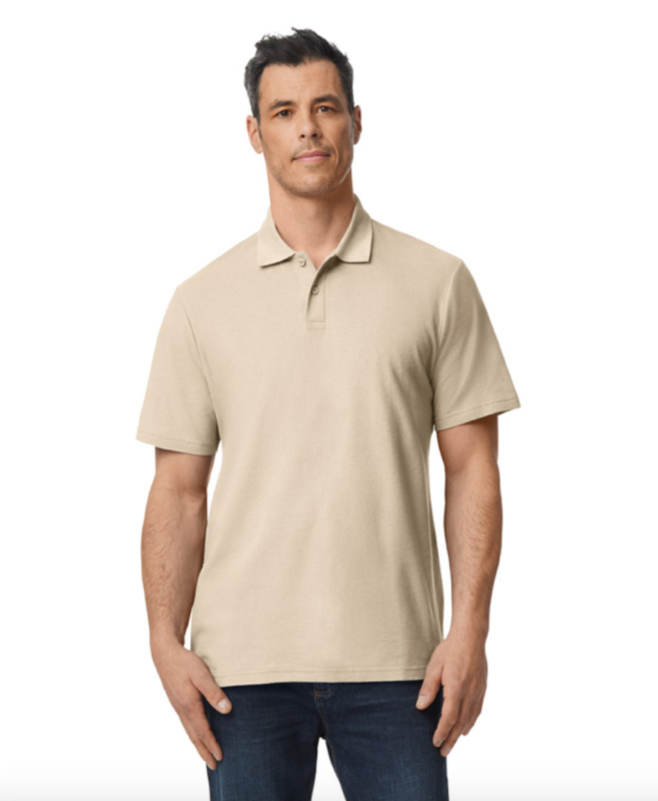 Man wearing a beige polo shirt on a white background