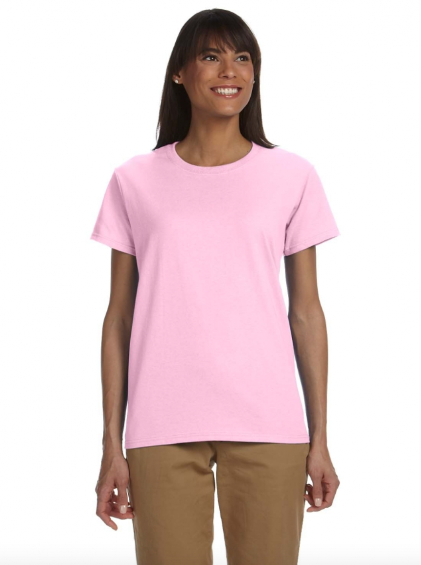 Woman wearing a pink t-shirt on a white background