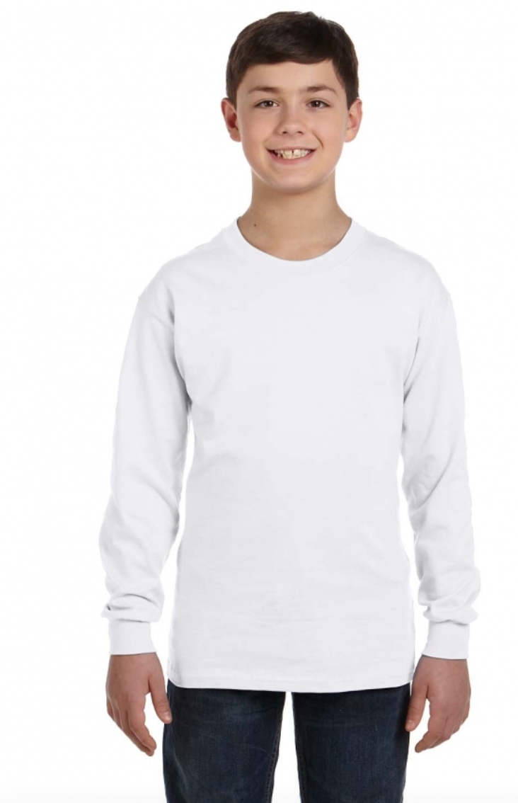 Young boy wearing a plain white long-sleeve shirt on a white background