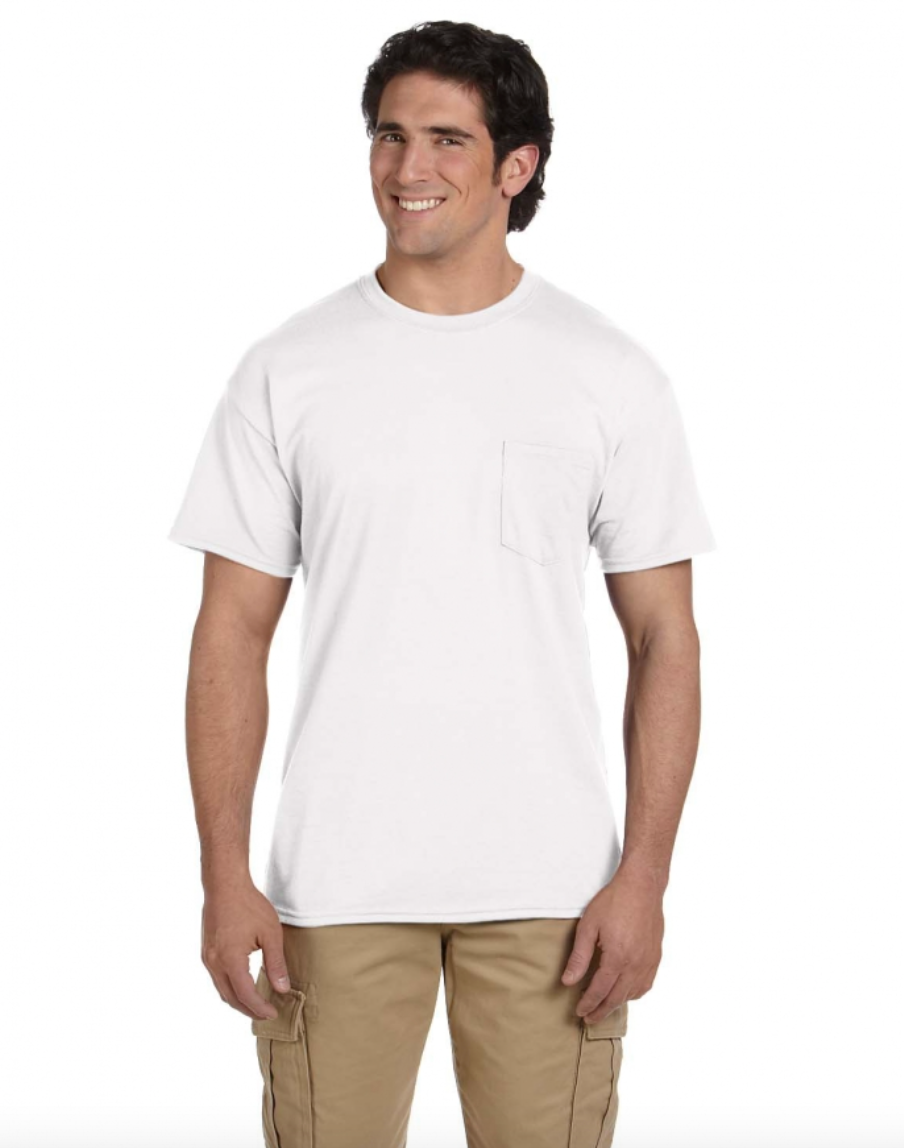 Man wearing a plain white t-shirt and beige pants on a white background