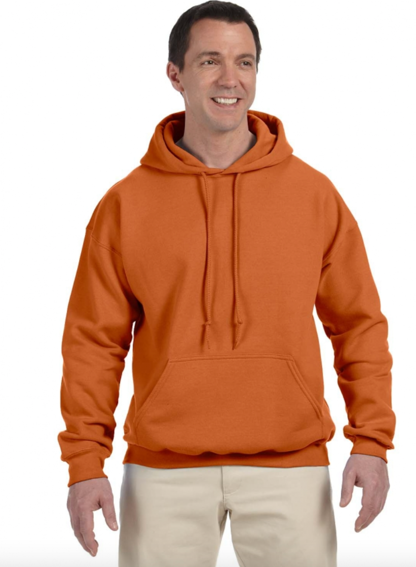Man wearing an orange hoodie on a white background