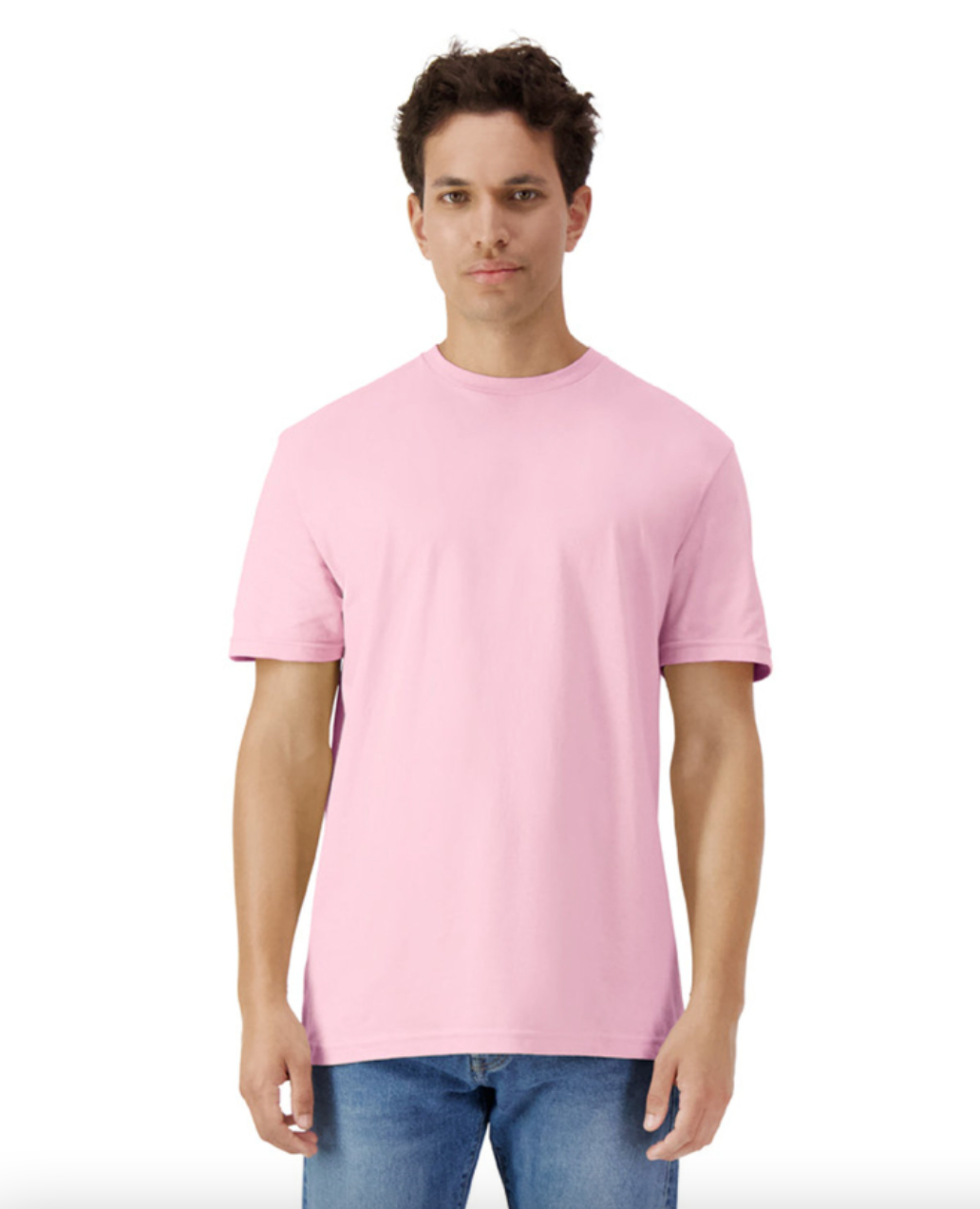 Man wearing a pink t-shirt on a white background
