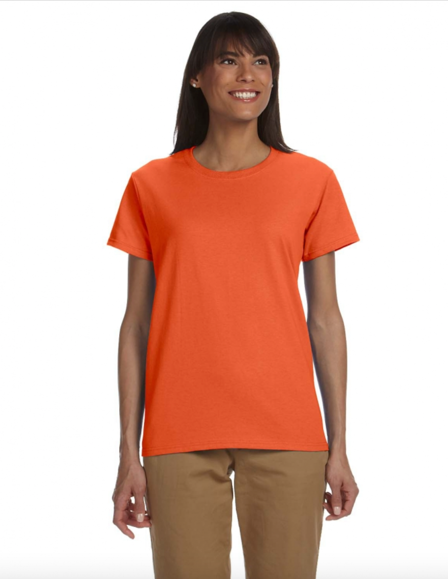 Woman wearing an orange t-shirt on a white background