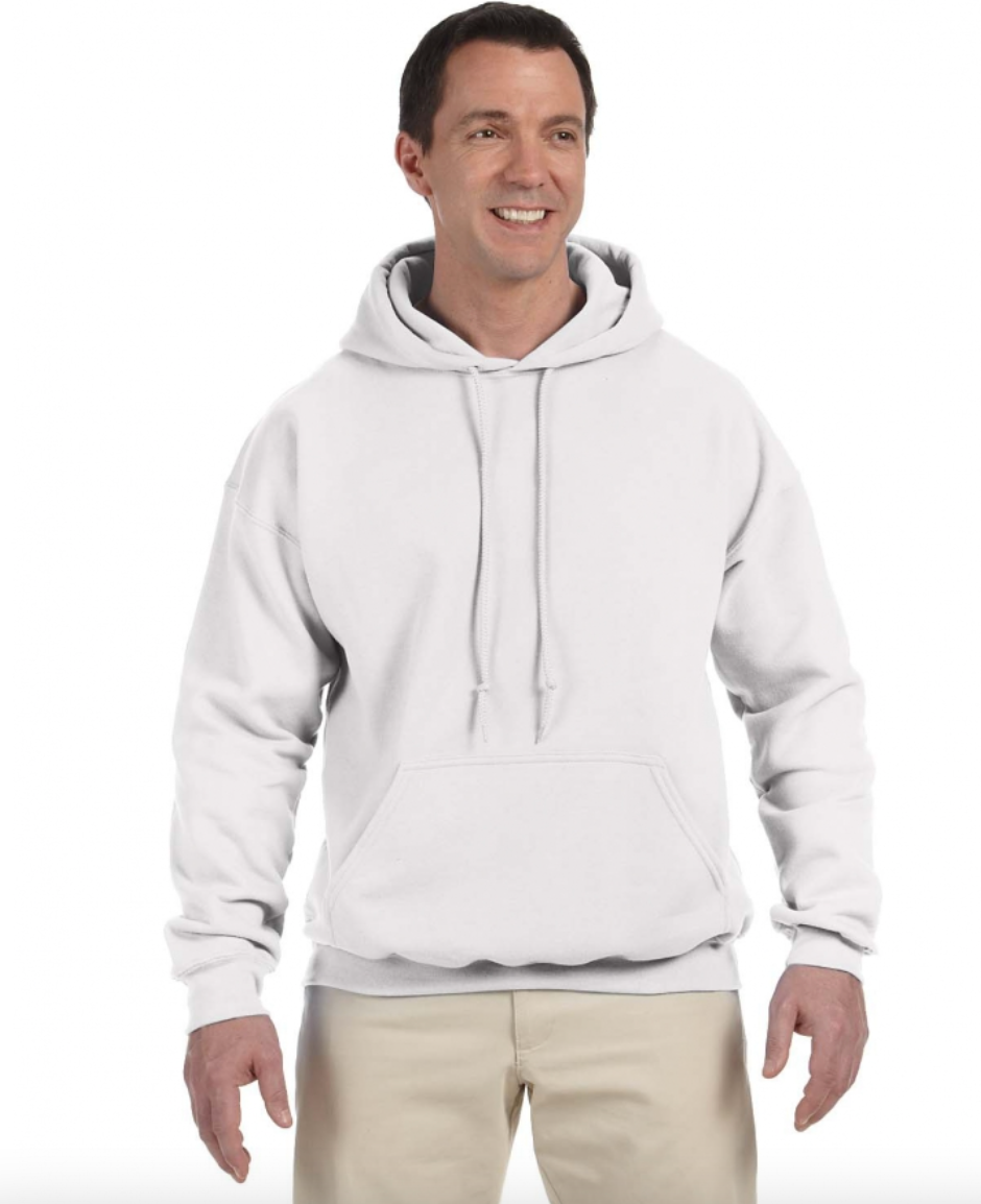 Man wearing a white hoodie on a white background