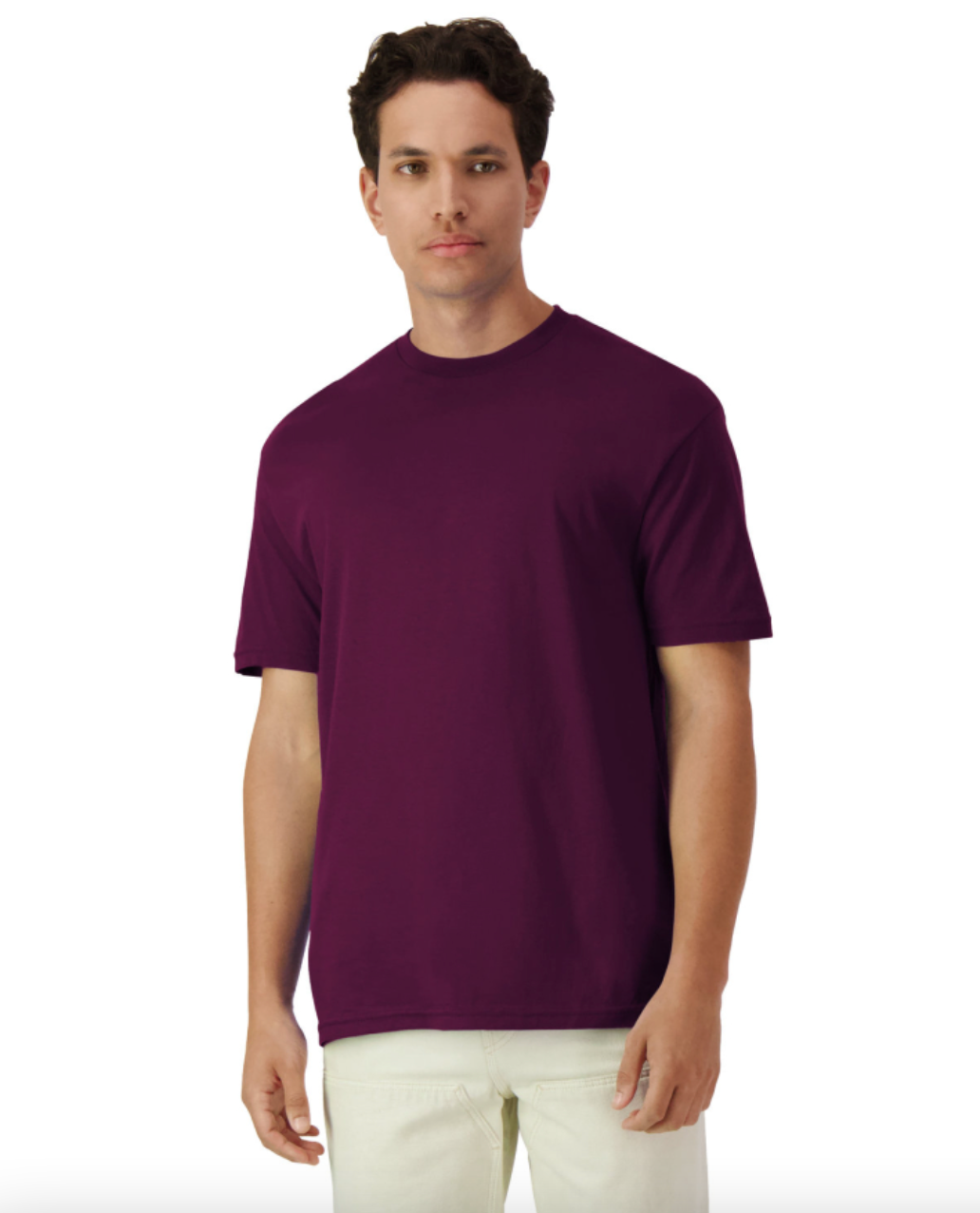 Man wearing a purple t-shirt on a white background