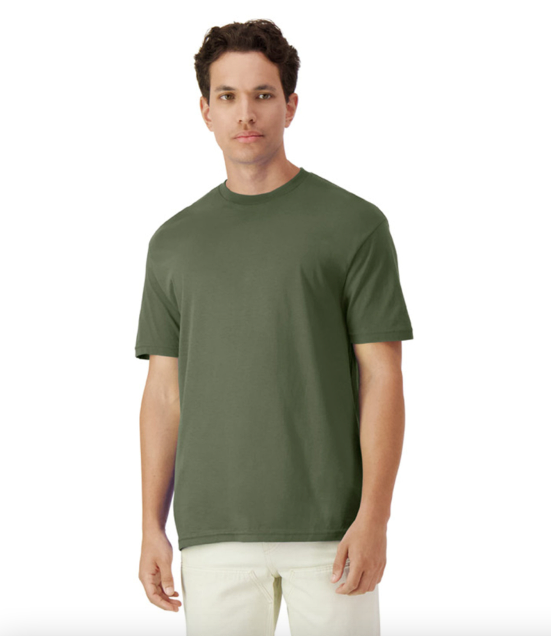 Man wearing a green t-shirt on a white background