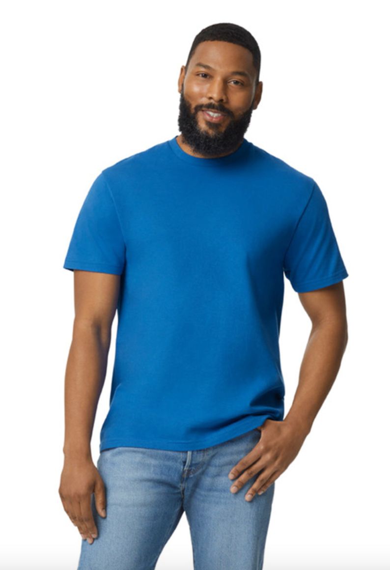 Man wearing a blue t-shirt and jeans on a white background