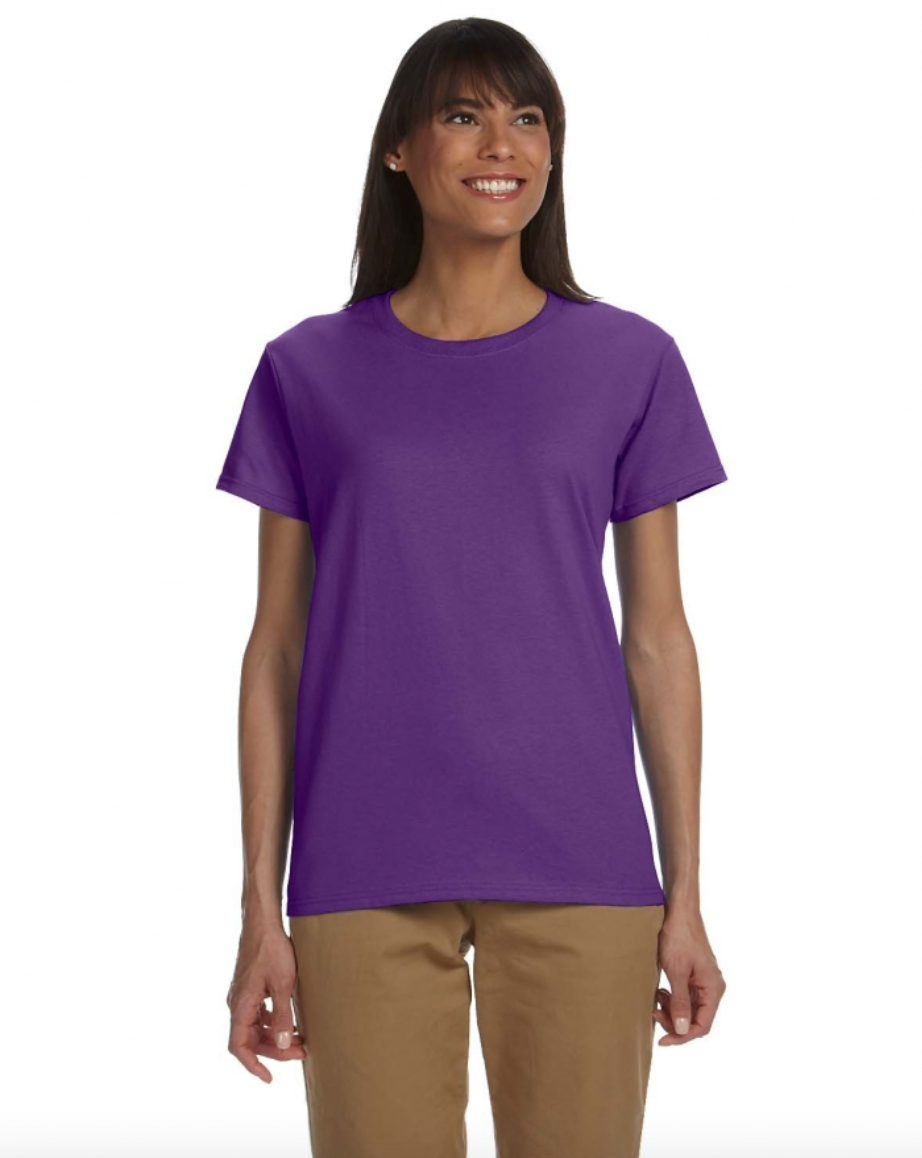Woman wearing a purple t-shirt on a white background