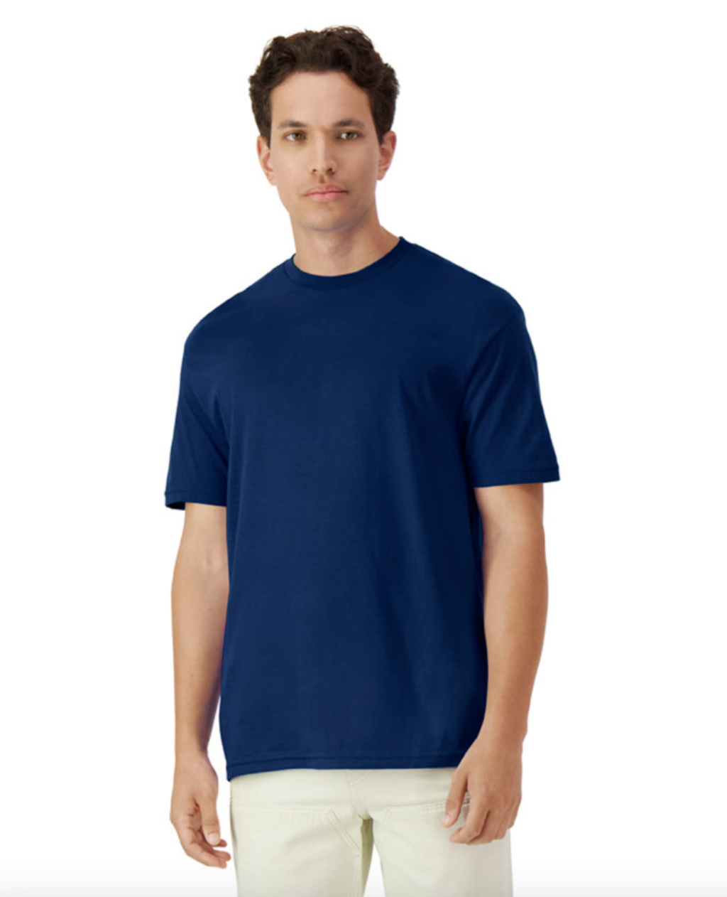 Man wearing a navy blue t-shirt on a white background