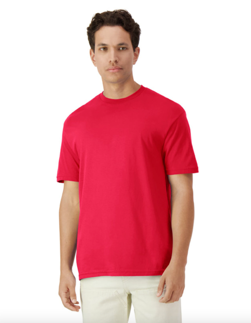Man wearing a red t-shirt on a white background