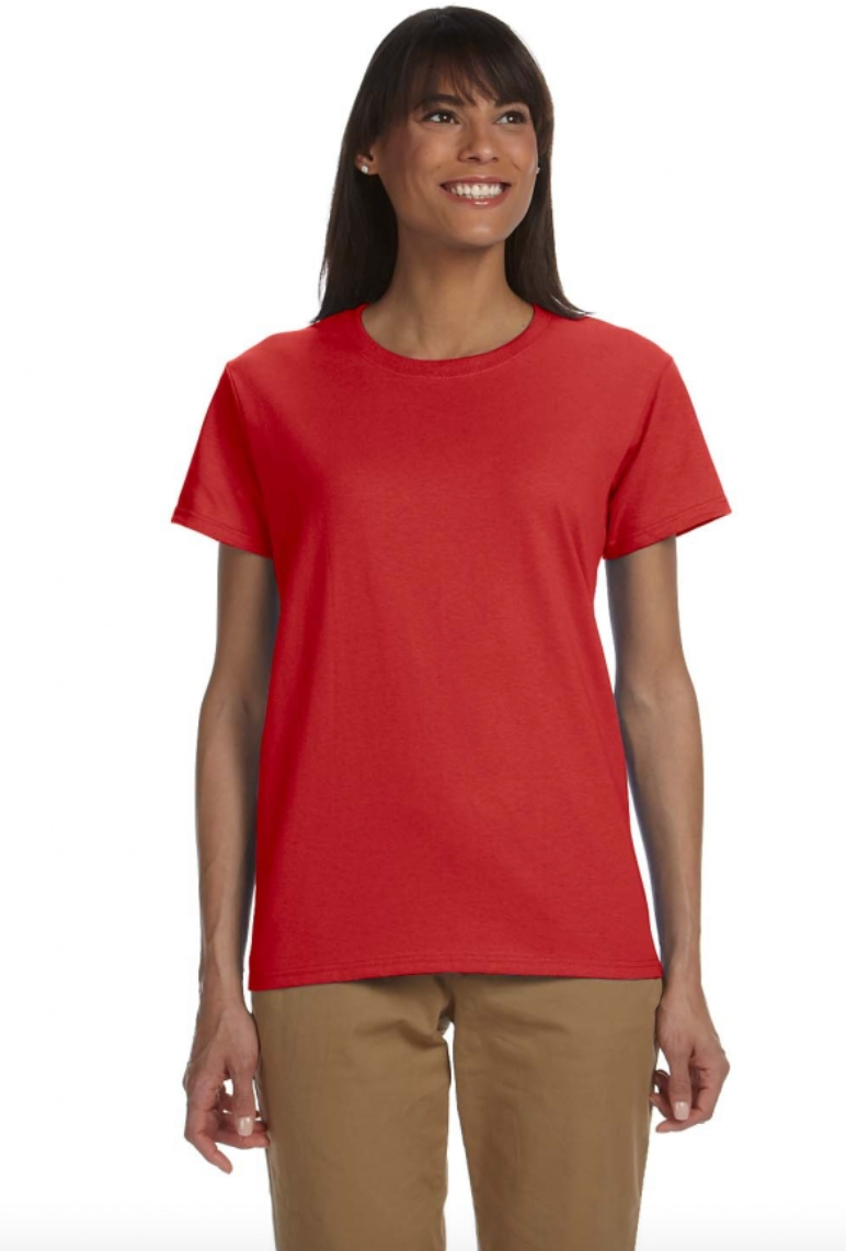Woman wearing a red t-shirt on a white background