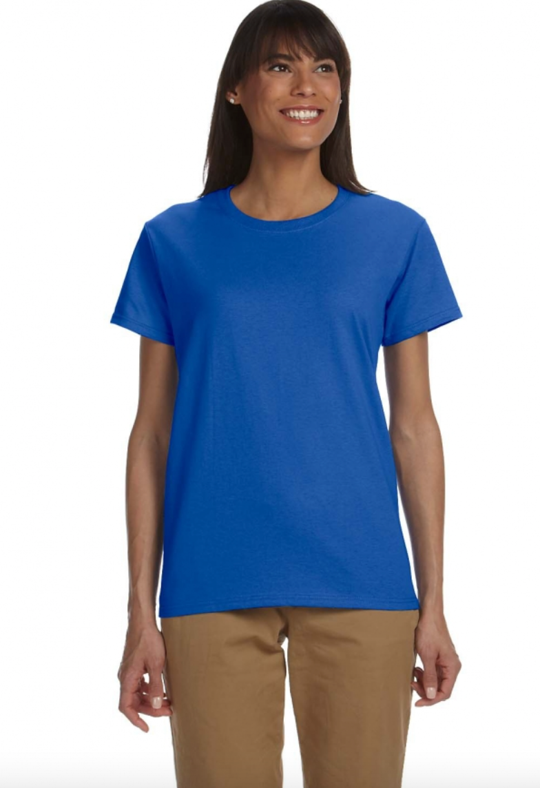 Woman wearing a blue t-shirt on a white background