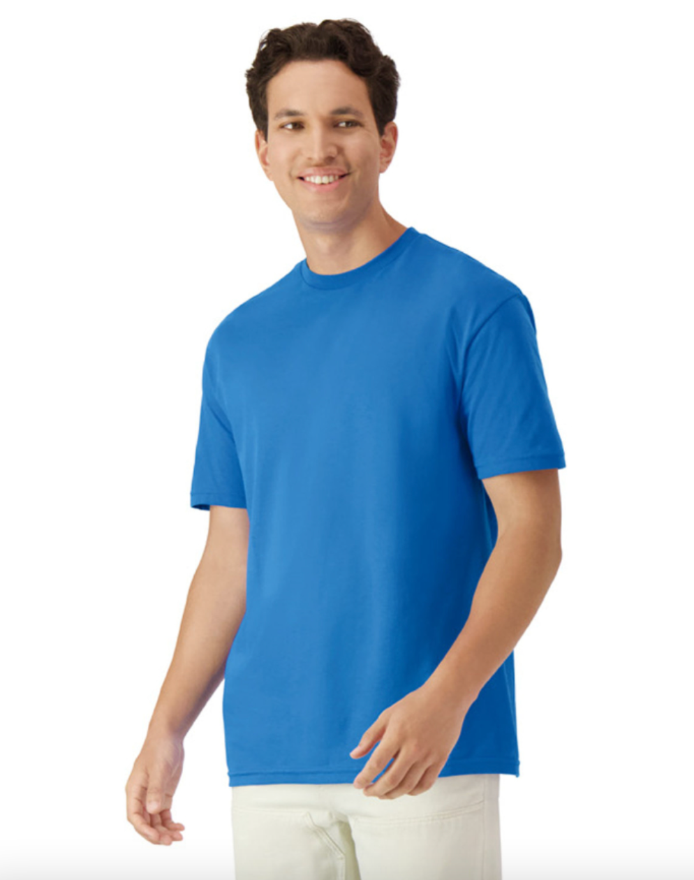 Man wearing a blue t-shirt on a white background
