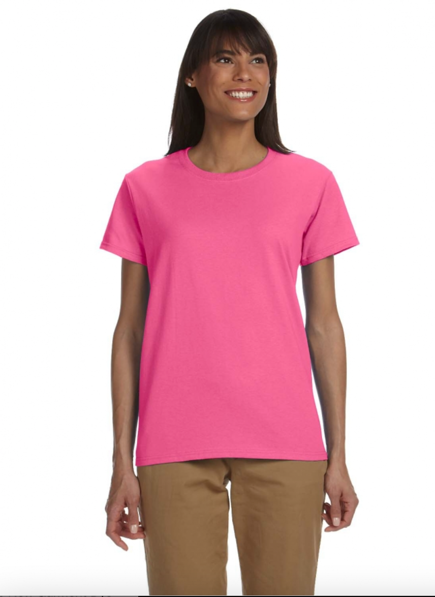 Woman wearing a pink t-shirt on a white background