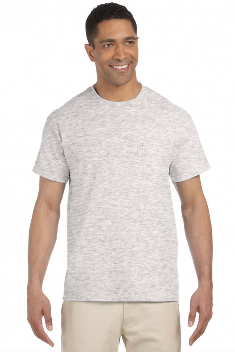 Man wearing a gray t-shirt on a white background