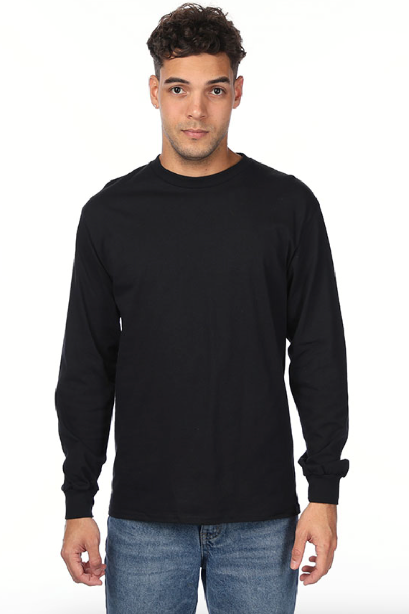 Man wearing a black long-sleeve shirt on a white background