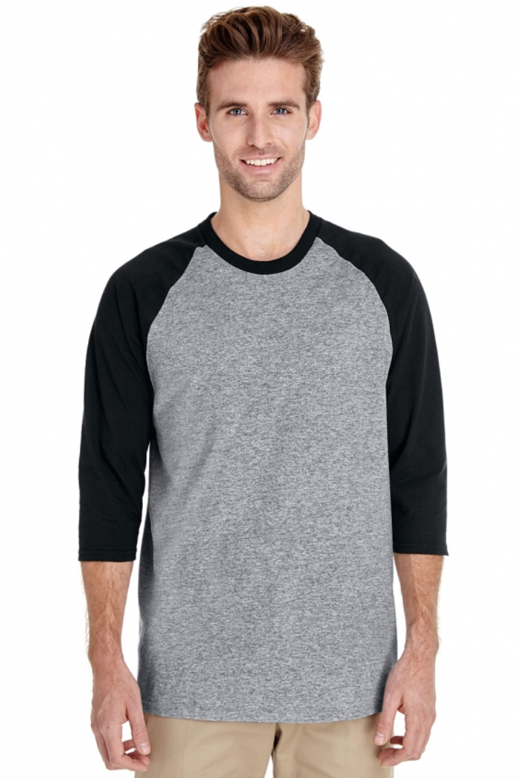 Man wearing a gray and black baseball shirt on a white background