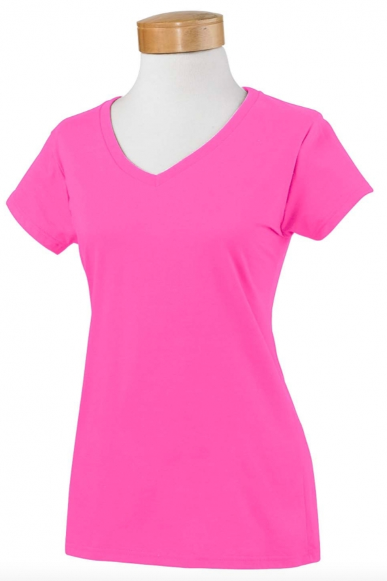 Pink t-shirt on a mannequin with a white background