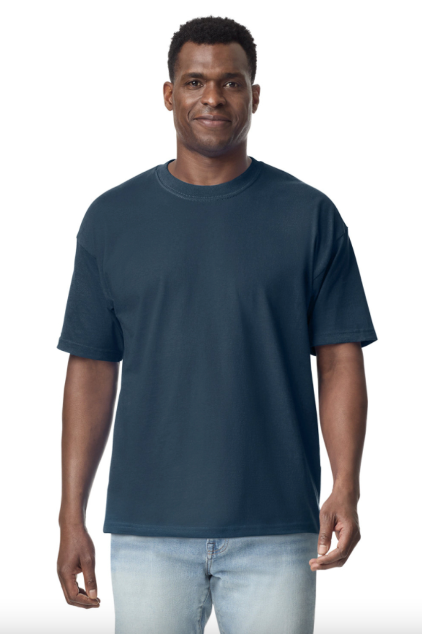 Man wearing a navy blue t-shirt on a white background