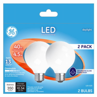 BULBS LED G25 4.5WATT WHITE 2/PACK 5000K 28357