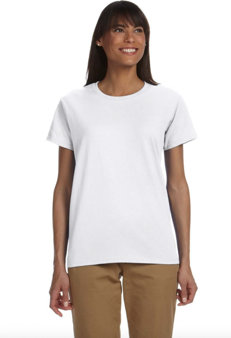 Woman wearing a plain white t-shirt and brown pants on a white background
