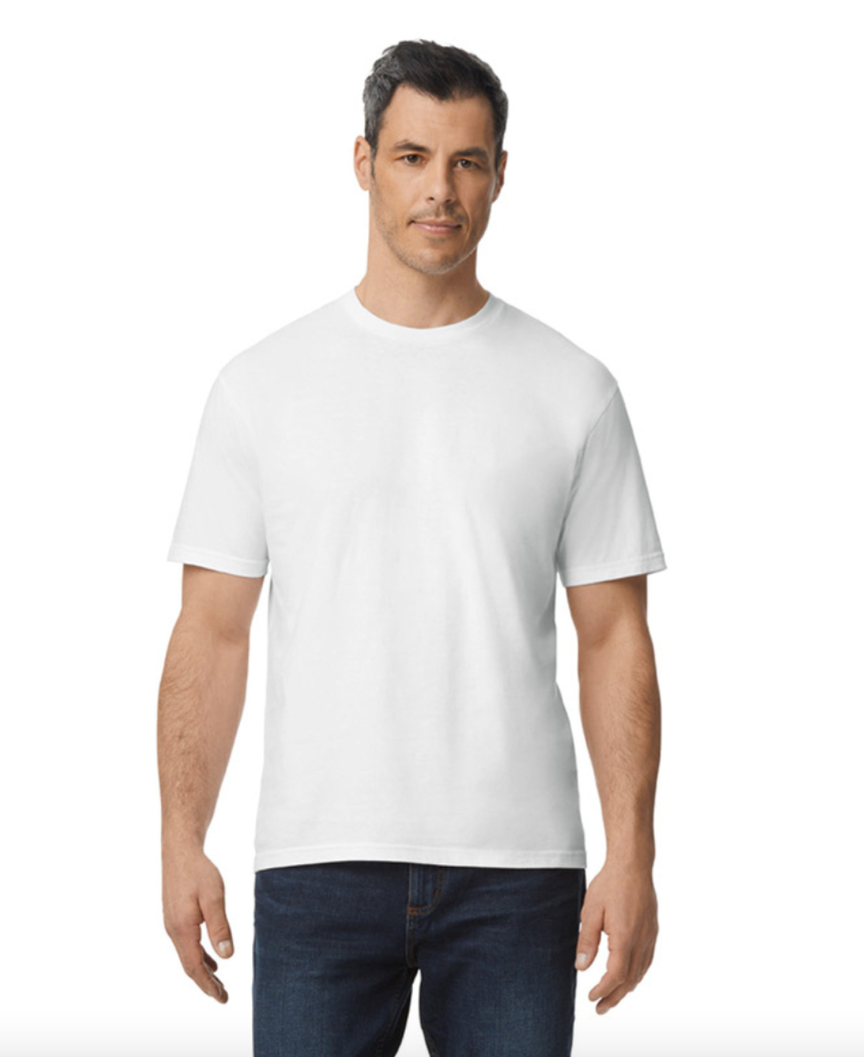 Man wearing a plain white t-shirt and dark jeans on a white background