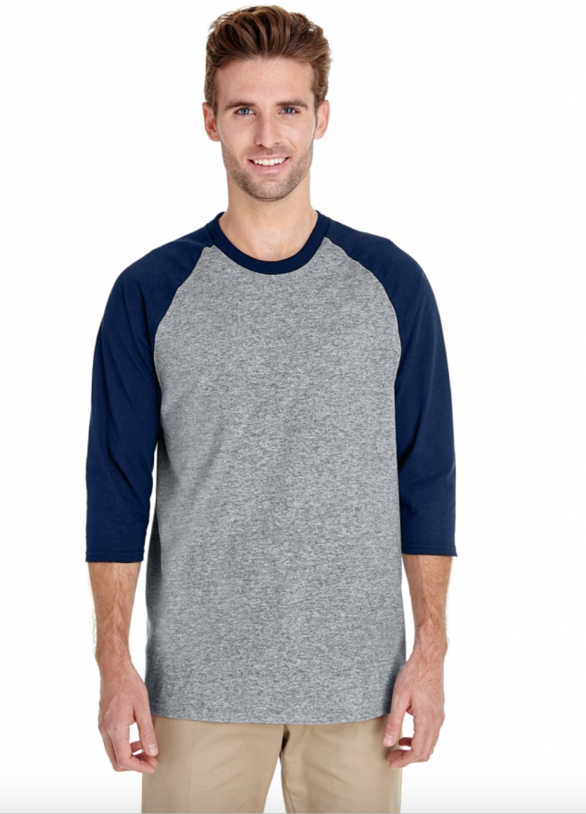 Man wearing a gray and navy baseball shirt on a white background