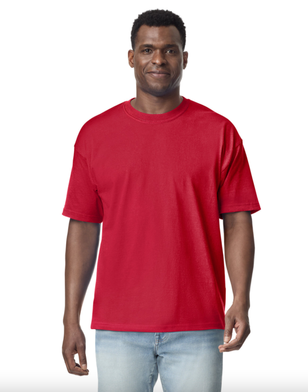 Man wearing a red t-shirt on a white background
