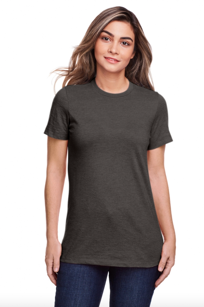 Woman wearing a dark gray t-shirt on a white background