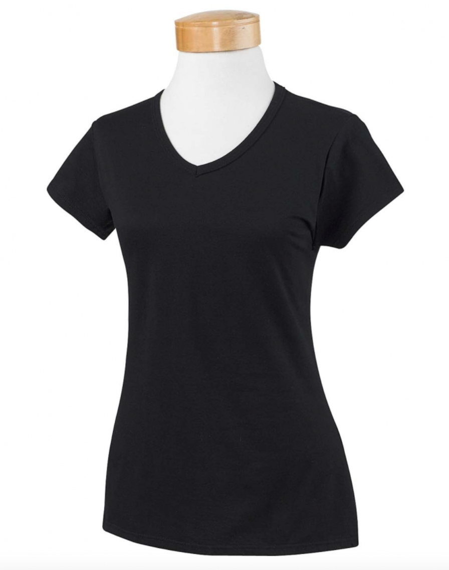 Black t-shirt on a mannequin with a white background