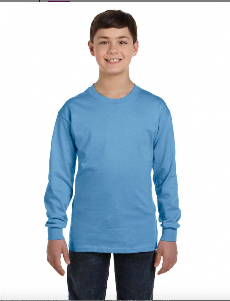 Child wearing a light blue long-sleeve shirt on a white background