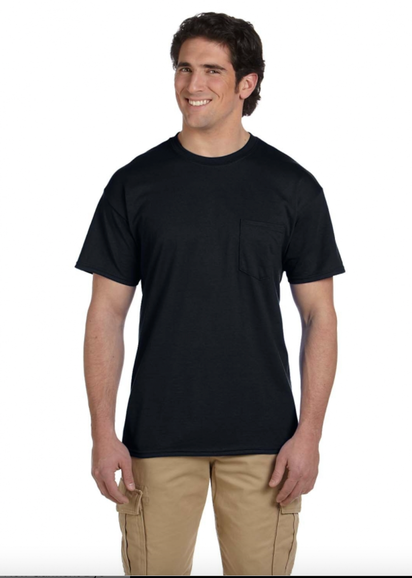 Man wearing a black t-shirt and beige pants on a white background