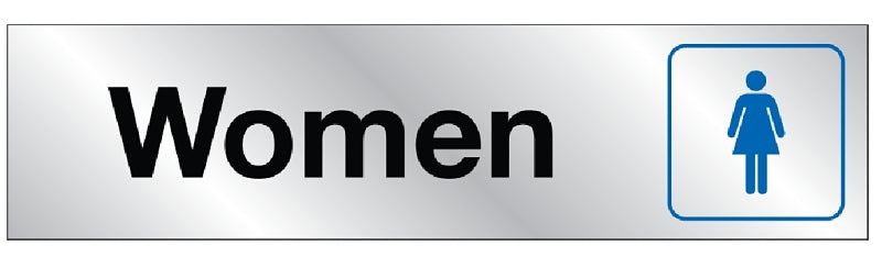 “WOMEN” PLAQUE/SIGN-W/BLUE PIC-STICKER-METAL-8″X2″