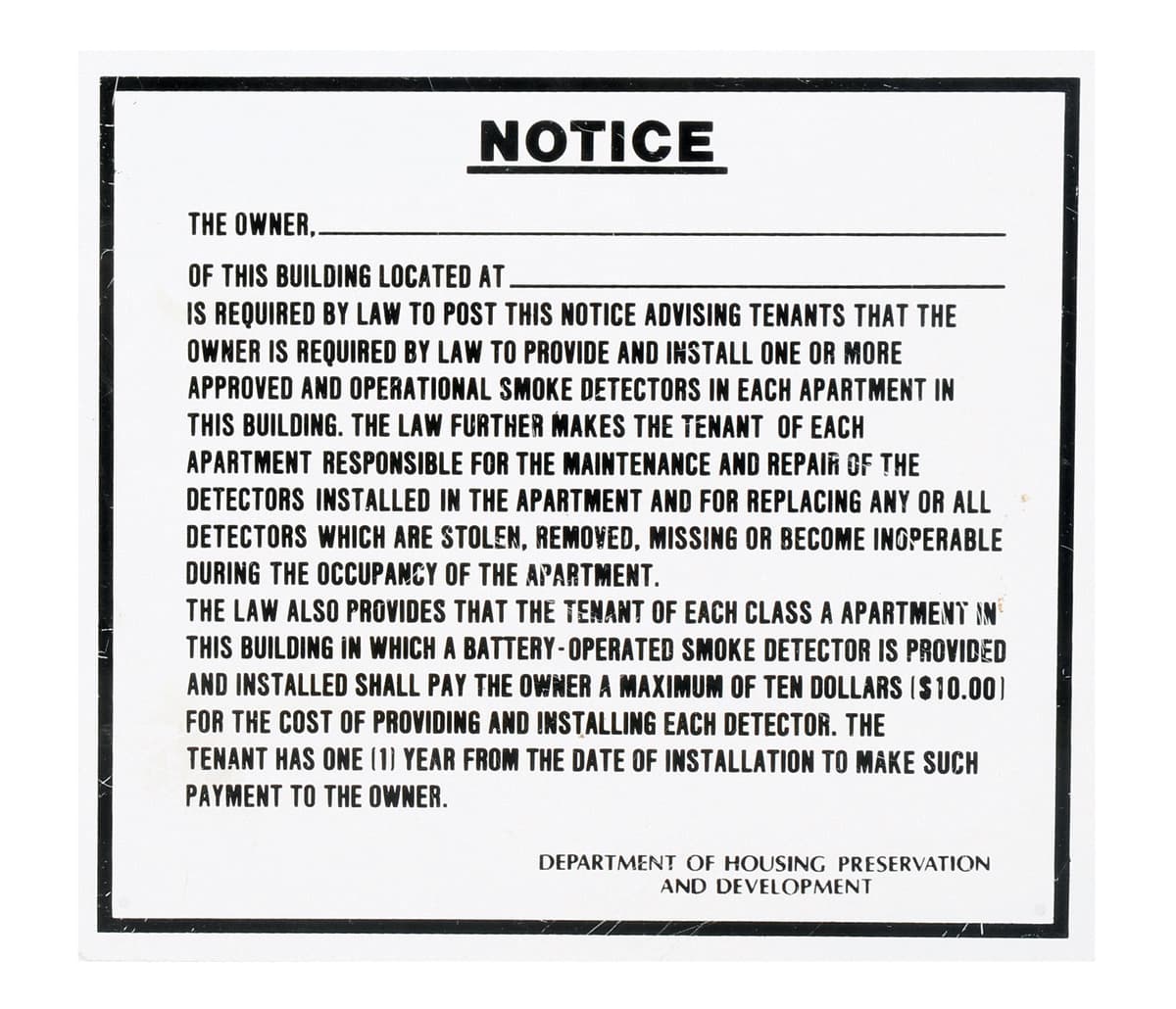SIGN SMOKE DETECTOR NOTICE