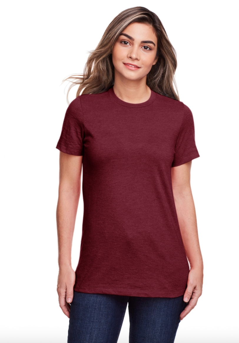 Woman wearing a maroon t-shirt on a white background