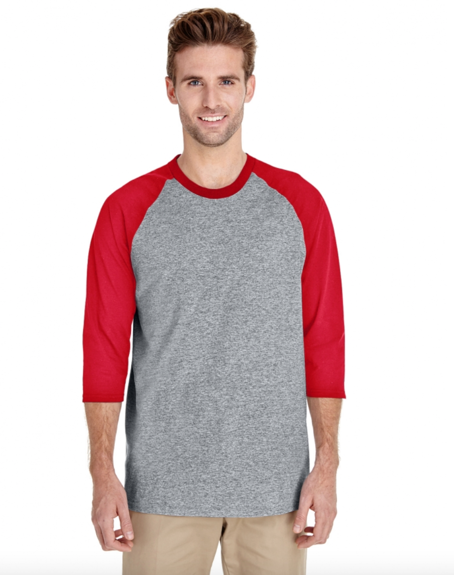 Man wearing a gray and red baseball shirt on a white background