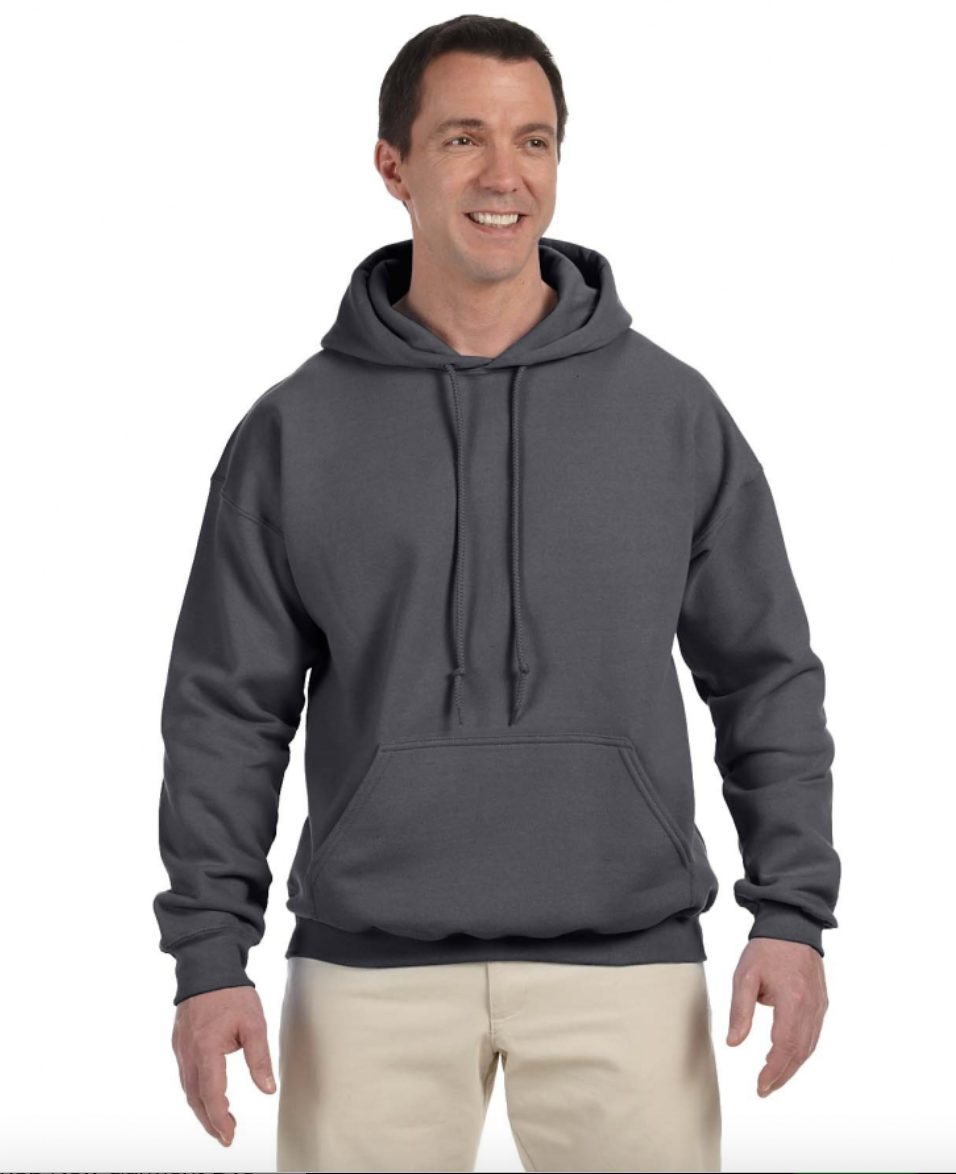 Man wearing a gray hoodie on a white background