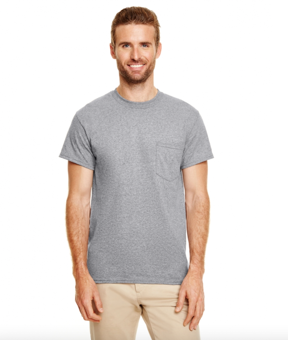 Man wearing a gray t-shirt on a white background