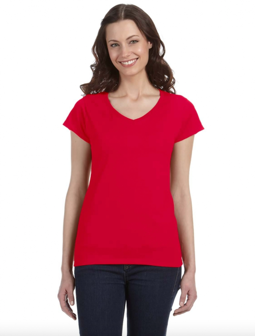 Woman wearing a red t-shirt on a white background