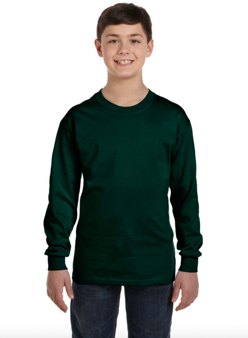 Person wearing a dark green long-sleeve shirt on a white background