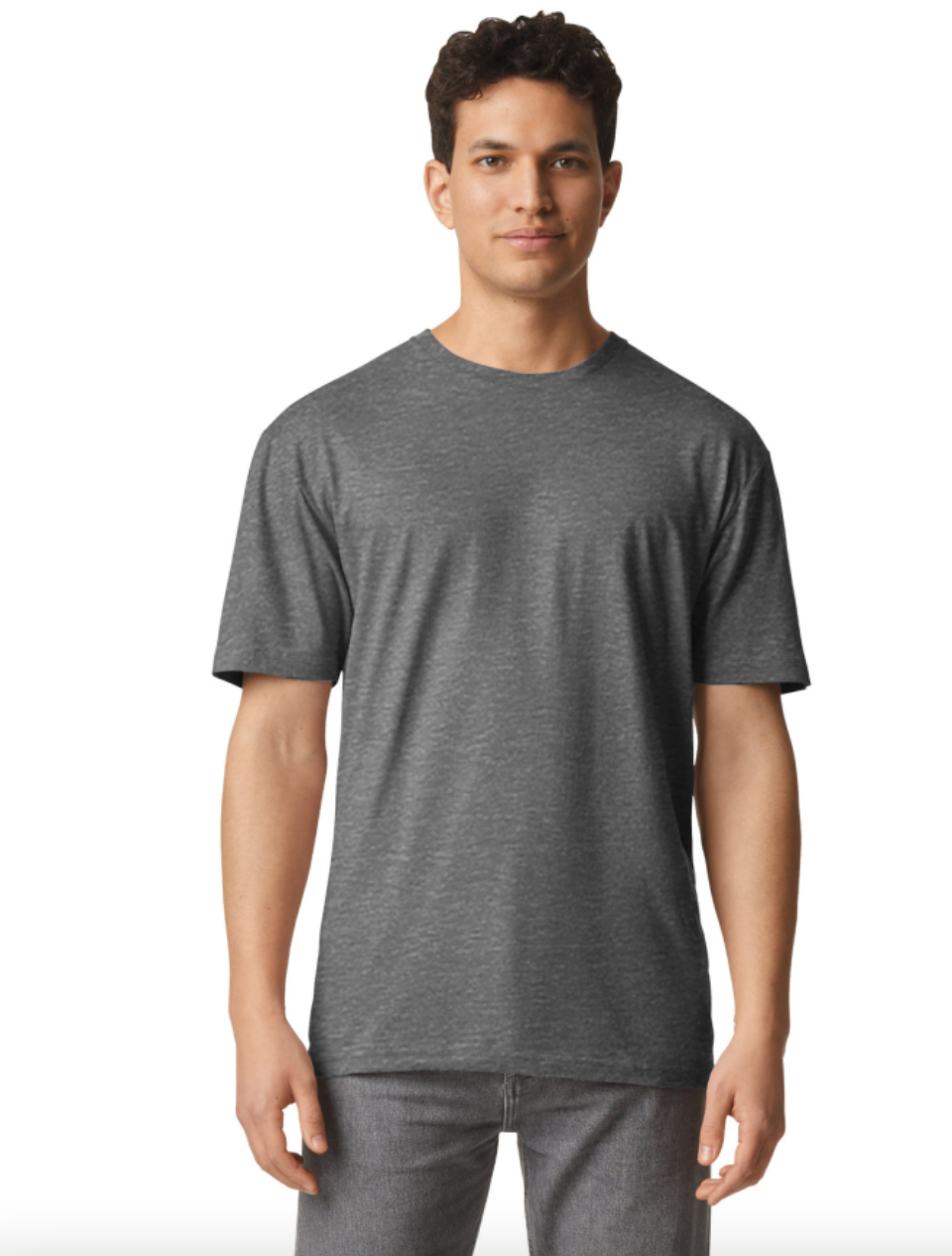 Man wearing a gray t-shirt on a white background