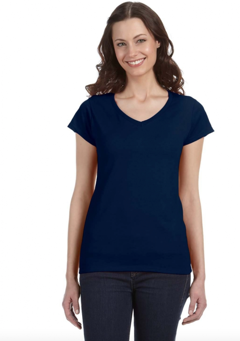 Woman wearing a navy blue t-shirt on a white background