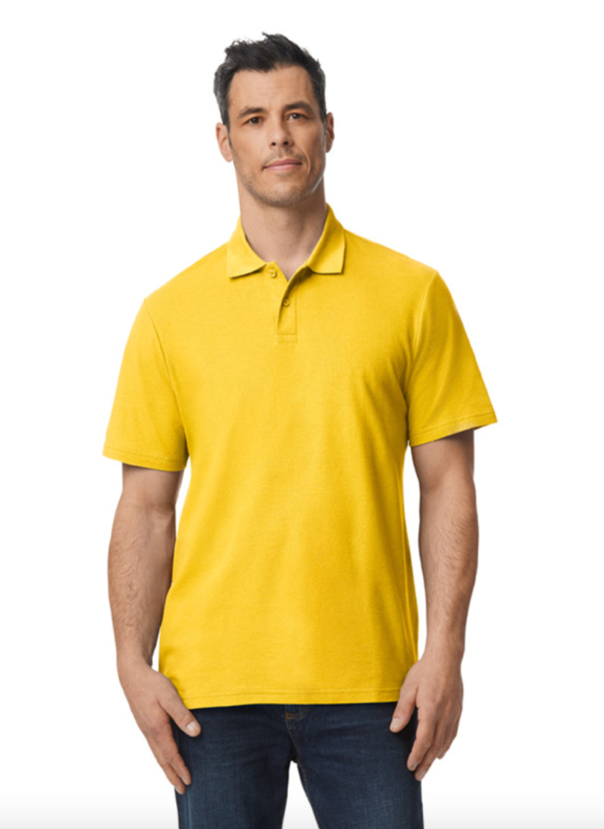 Man wearing a yellow polo shirt on a white background