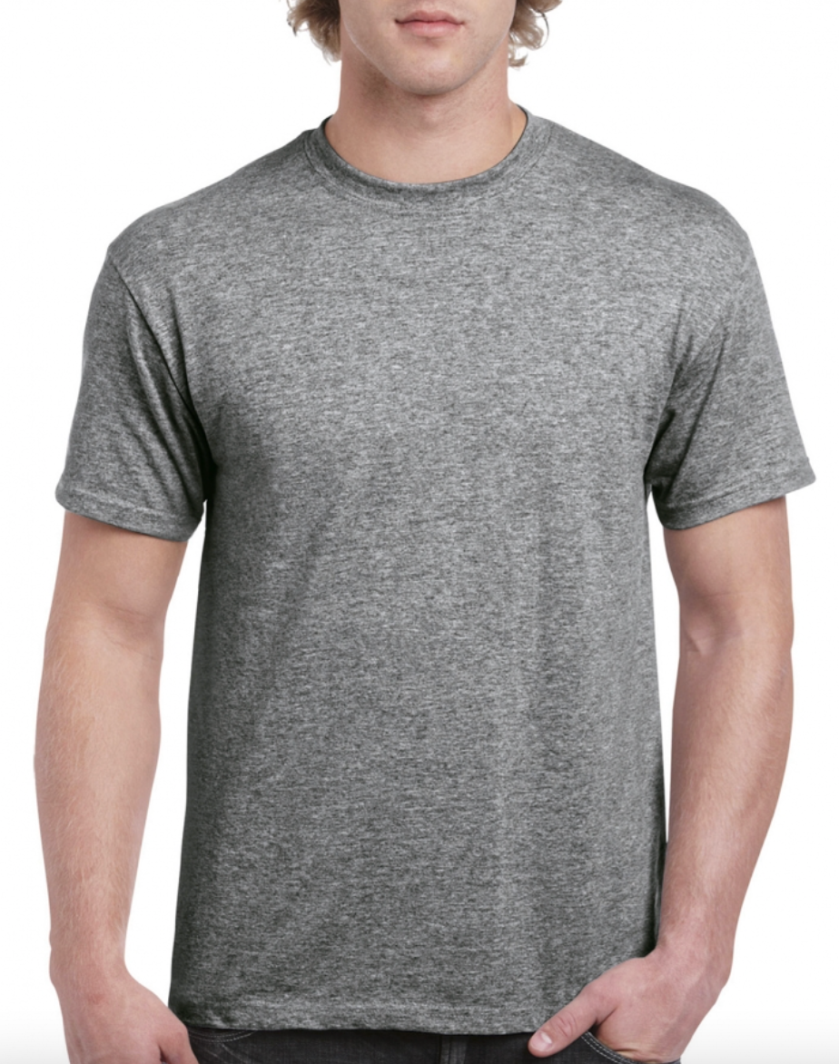 Person wearing a gray t-shirt on a white background