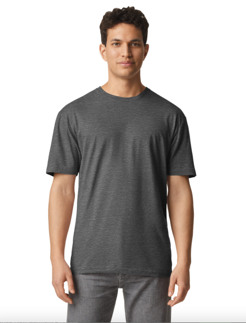 Man wearing a gray t-shirt on a white background